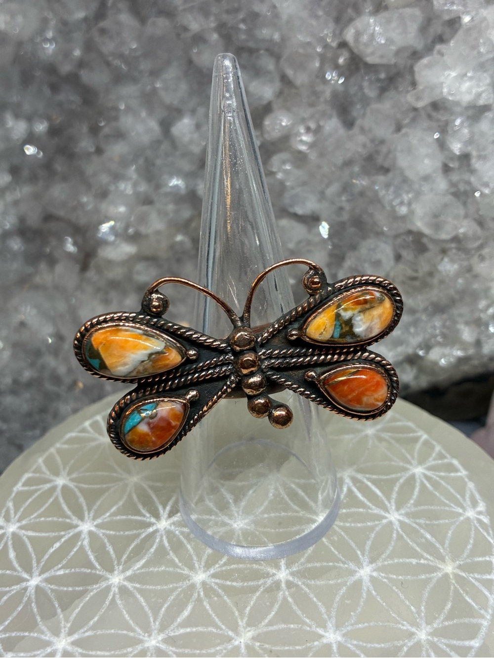 Copper Butterfly Statement Ring with Spiny Oyster  Inlay
